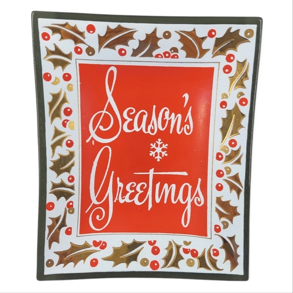 Vintage Houze Art Glass Trinket Dish Tray Seasons Greetings MCM - Picture 1 of 2